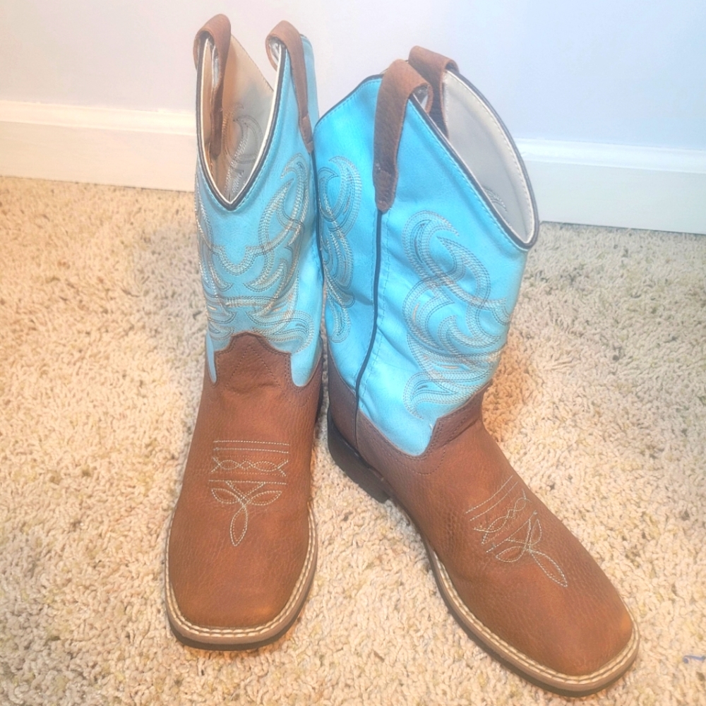 Old West Children's Teal & Brown Square Toe Cowboy Boots VB9167 3.0-D
